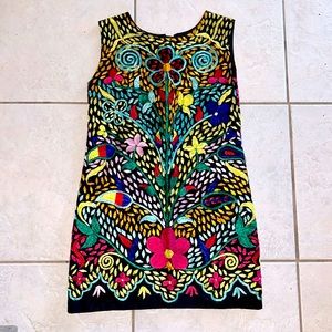 INDIA IMPORTS fully lined black w/bright florals embroidered sleeveless dress XS